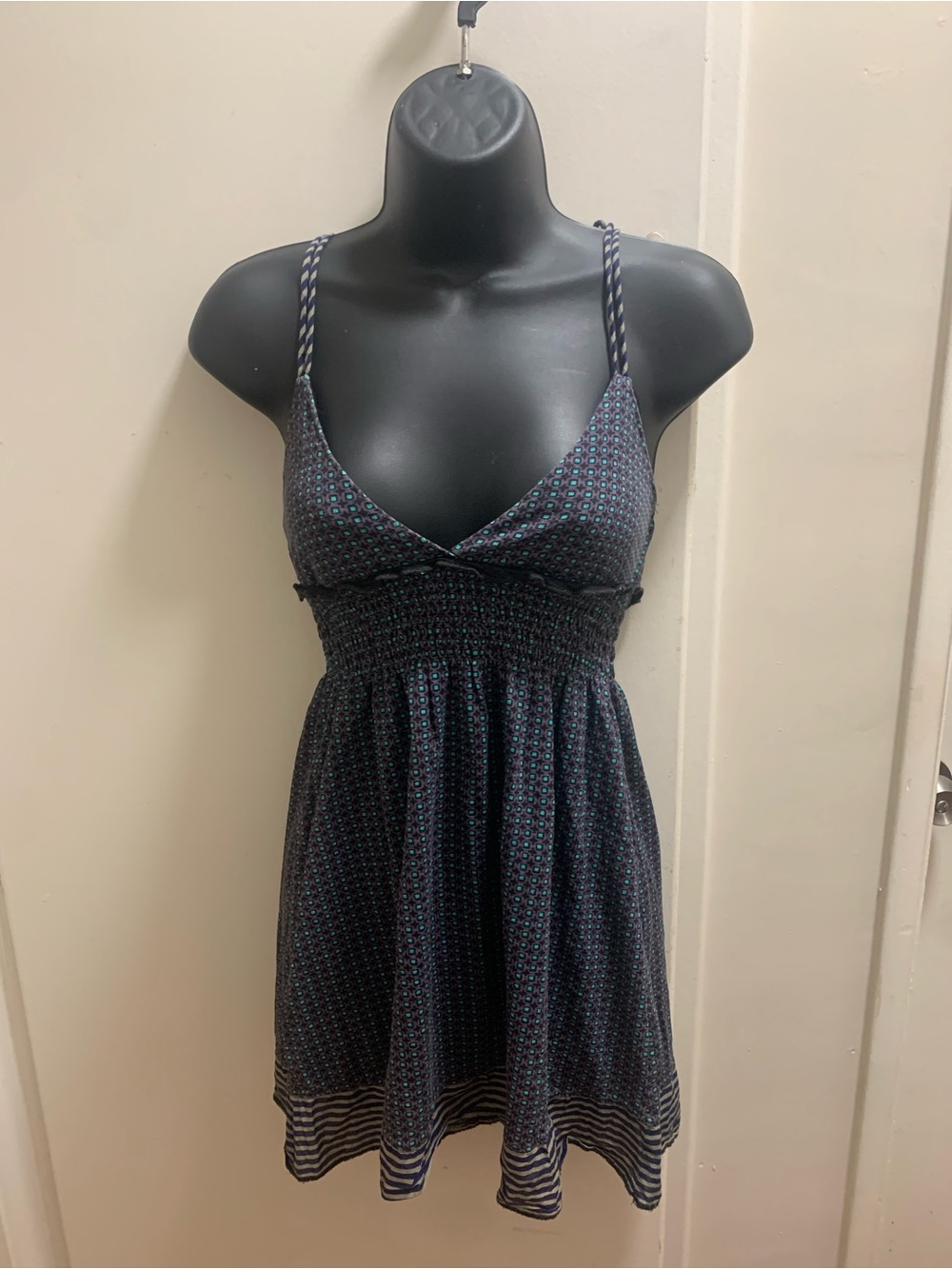 Women’s Free People Navy Green Geometric Print Smocked Babydoll Top Size XS